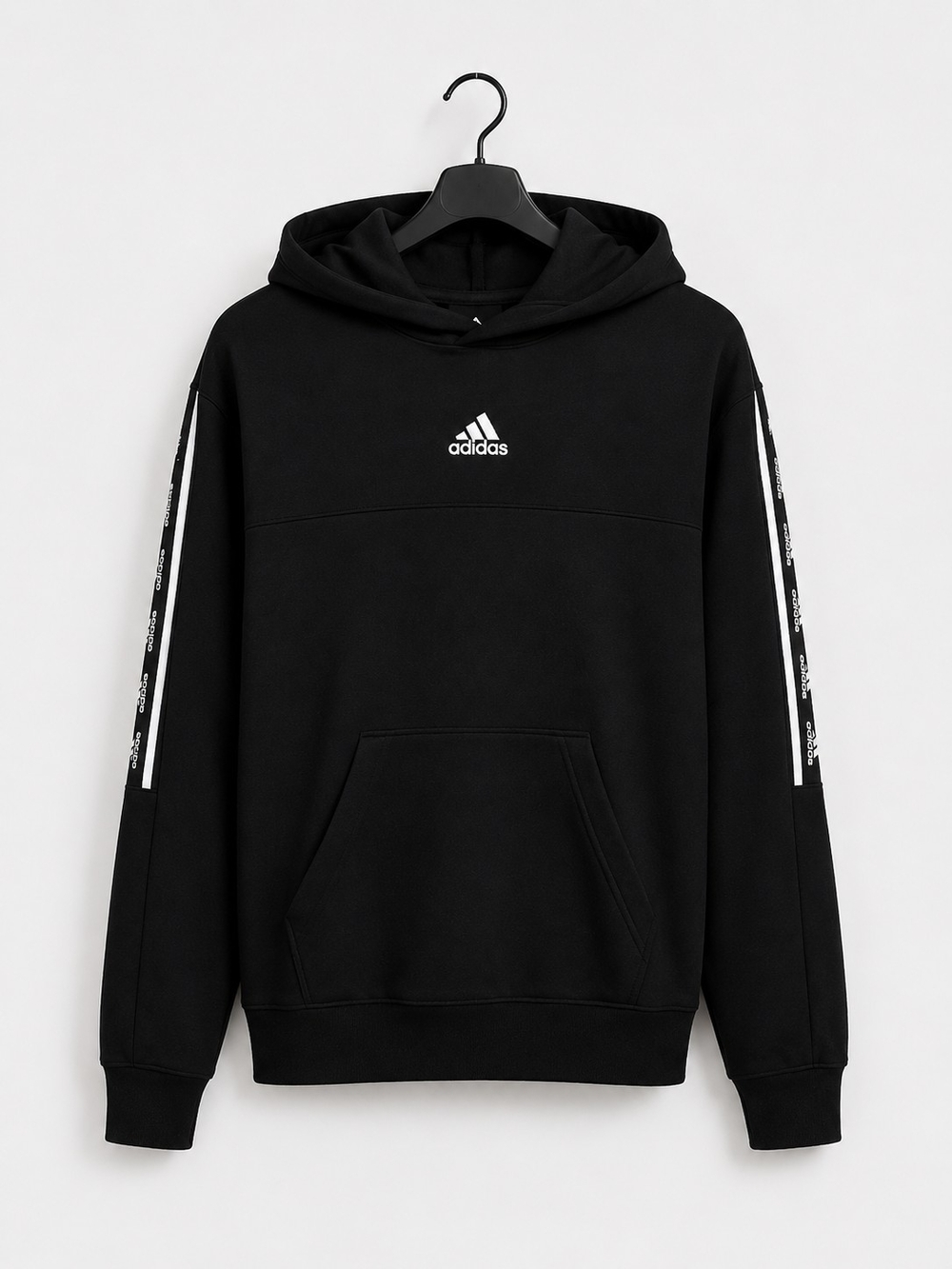 adidas Black Pullover Hoodie with White Logo and Sleeve Tape